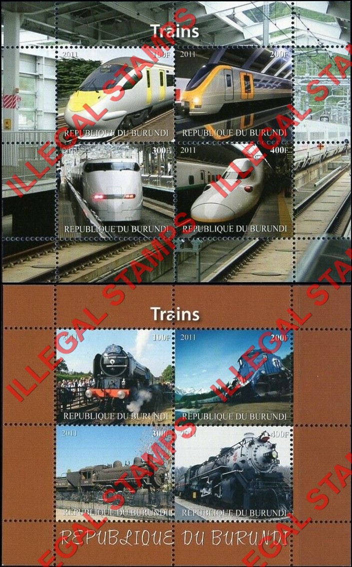 Burundi 2011 Trains Counterfeit Illegal Stamp Souvenir Sheets of 4 (Part 2)