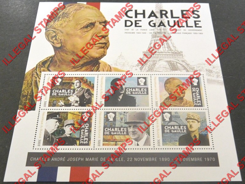 Burundi 2012 Charles de Gaulle Counterfeit Illegal Stamp Souvenir Sheet of 6
