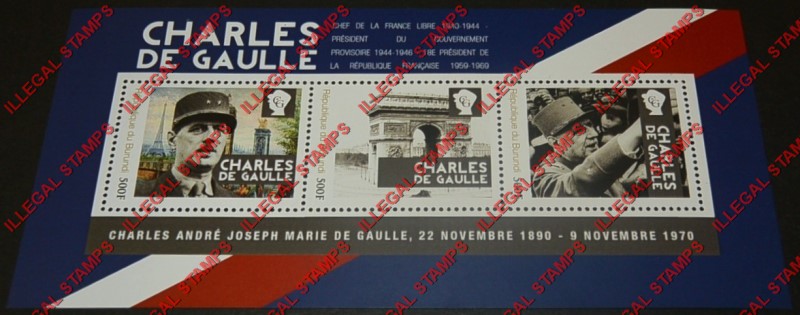 Burundi 2012 Charles de Gaulle Counterfeit Illegal Stamp Souvenir Sheet of 3