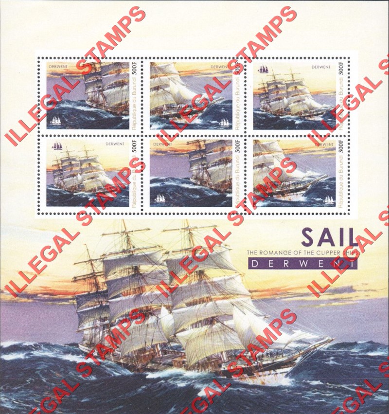 Burundi 2012 Clipper Ships Derwent Counterfeit Illegal Stamp Souvenir Sheet of 6