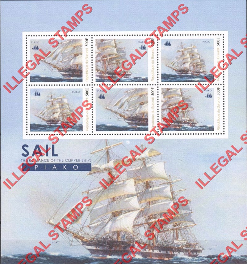 Burundi 2012 Clipper Ships Piako Counterfeit Illegal Stamp Souvenir Sheet of 6
