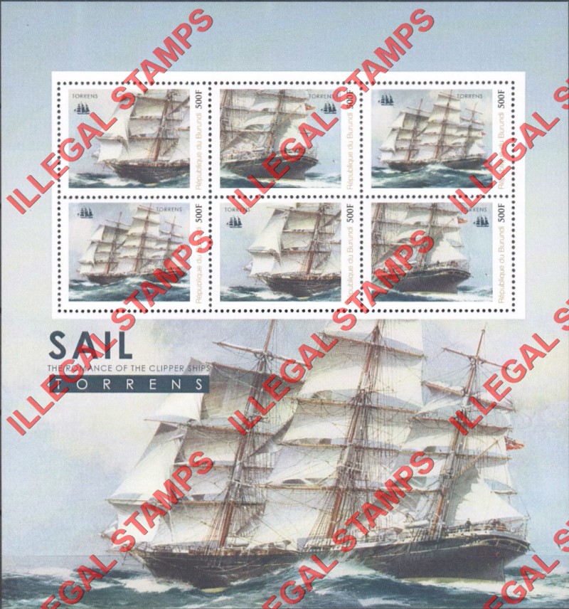 Burundi 2012 Clipper Ships Torrens Counterfeit Illegal Stamp Souvenir Sheet of 6