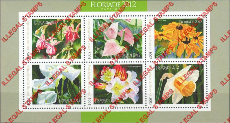 Burundi 2012 Flowers Counterfeit Illegal Stamp Souvenir Sheet of 6