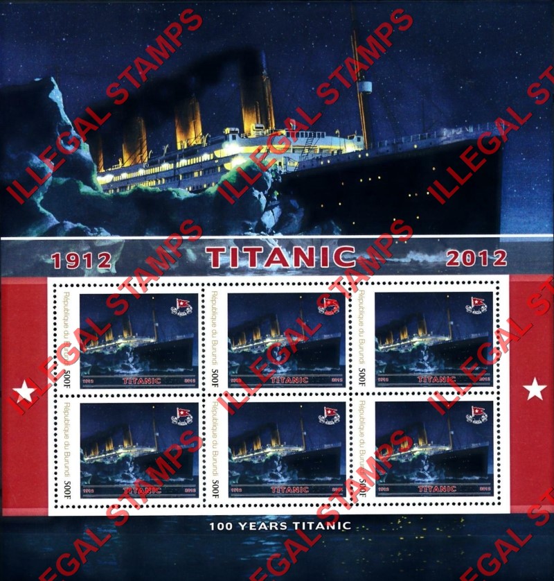 Burundi 2012 Titanic Counterfeit Illegal Stamp Souvenir Sheet of 6