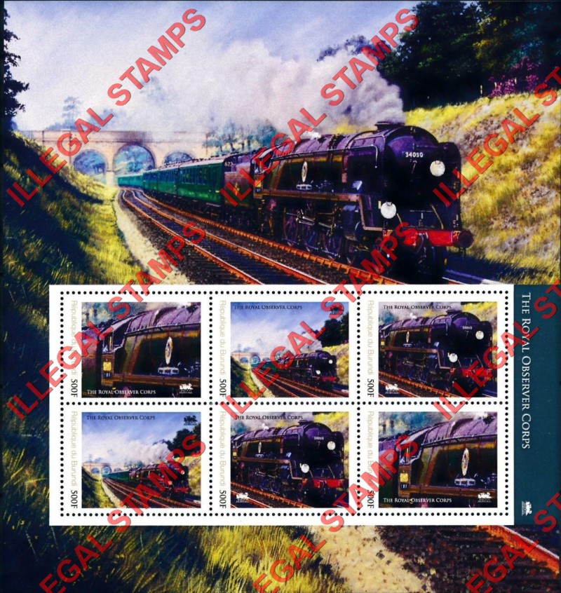 Burundi 2012 Trains Locomotives Royal Observer Corps Counterfeit Illegal Stamp Souvenir Sheet of 6