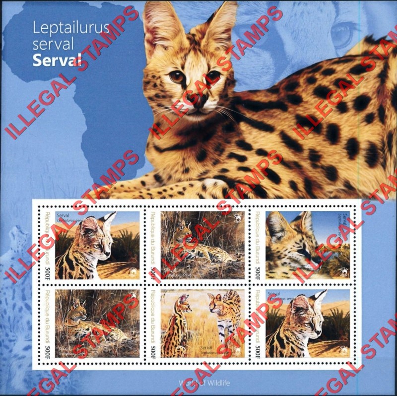 Burundi 2012 Wild Cats Servals Counterfeit Illegal Stamp Souvenir Sheet of 6