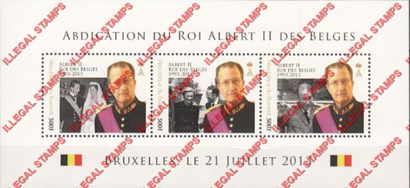 Burundi 2013 Abdication of King Albert II in Belgium Counterfeit Illegal Stamp Souvenir Sheet of 3