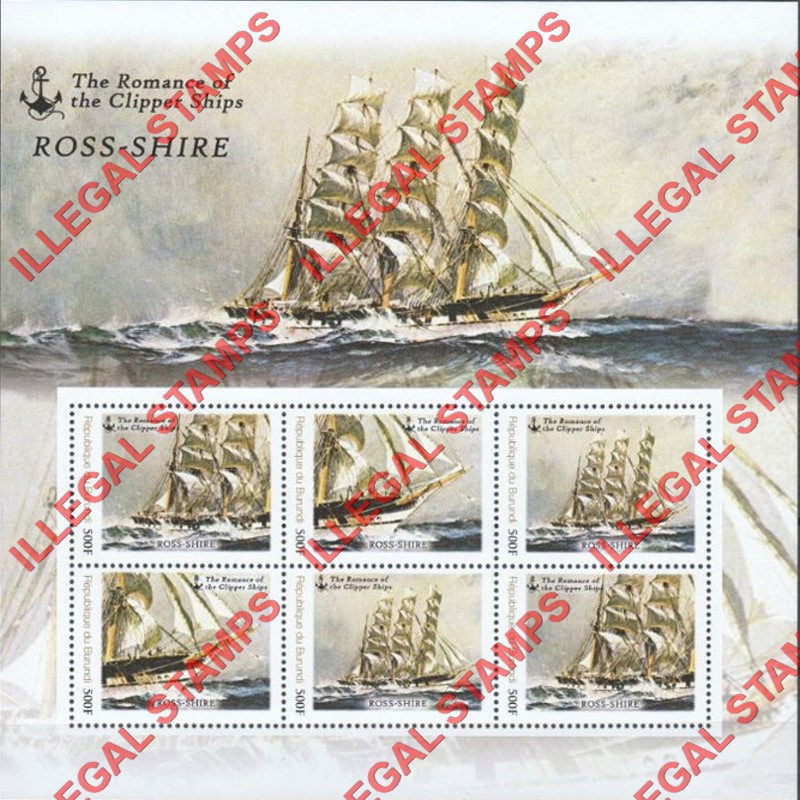 Burundi 2013 Famous Sailing Ships Ross-Shire Counterfeit Illegal Stamp Souvenir Sheet of 6