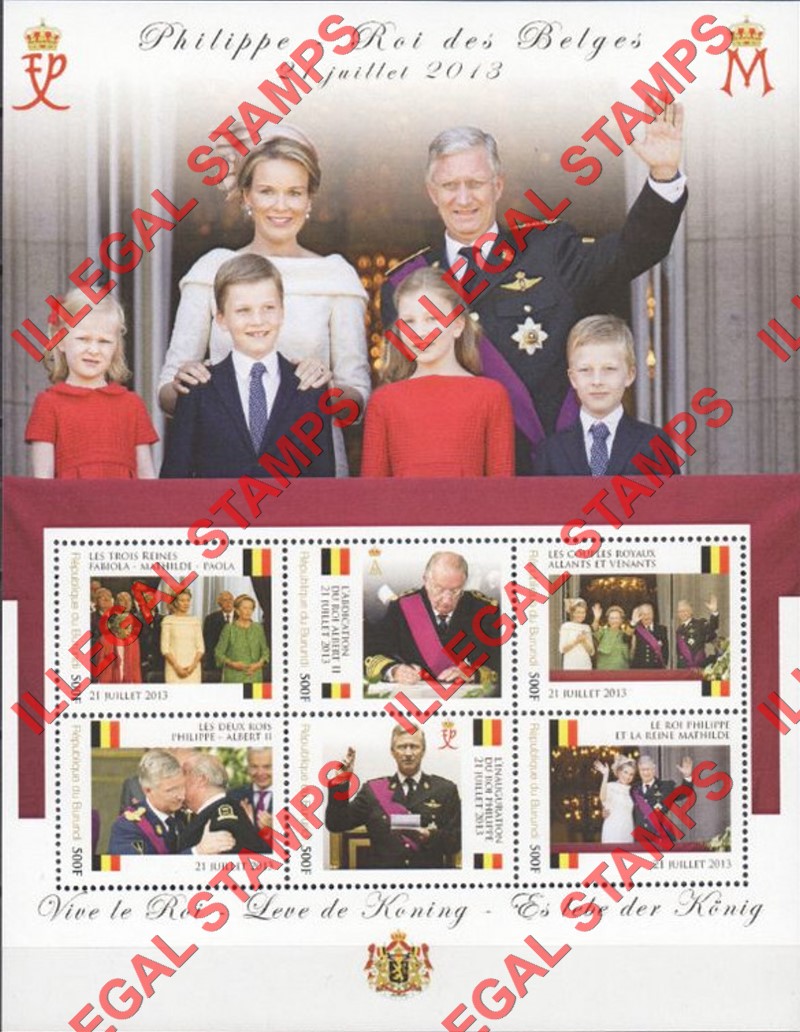 Burundi 2013 Inauguration of King Philippe in Belgium Counterfeit Illegal Stamp Souvenir Sheet of 6