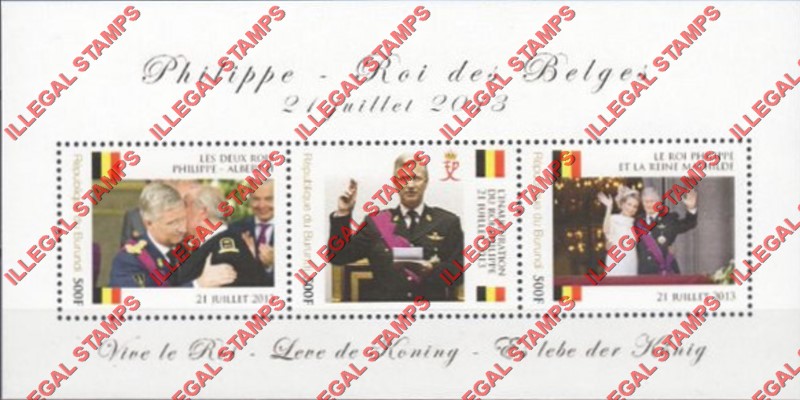 Burundi 2013 Inauguration of King Philippe in Belgium Counterfeit Illegal Stamp Souvenir Sheet of 3