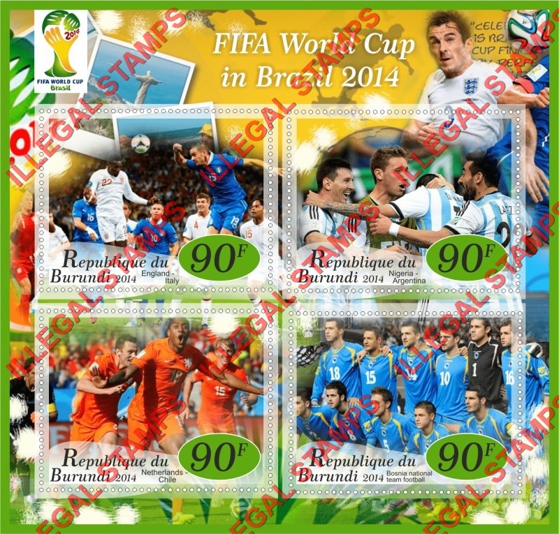 Burundi 2014 FIFA World Cup Soccer in Brazil Counterfeit Illegal Stamp Souvenir Sheet of 4