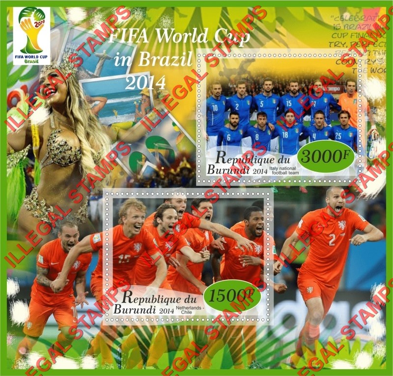 Burundi 2014 FIFA World Cup Soccer in Brazil Counterfeit Illegal Stamp Souvenir Sheet of 2