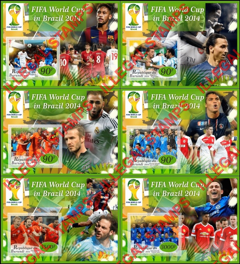 Burundi 2014 FIFA World Cup Soccer in Brazil Counterfeit Illegal Stamp Souvenir Sheets of 1