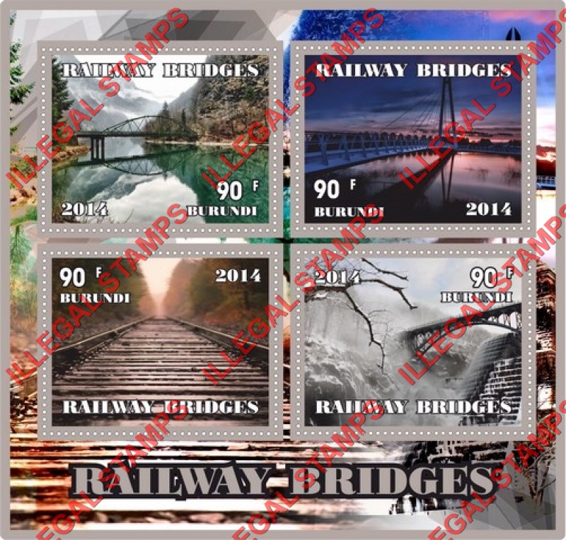 Burundi 2014 Railway Bridges Counterfeit Illegal Stamp Souvenir Sheet of 4