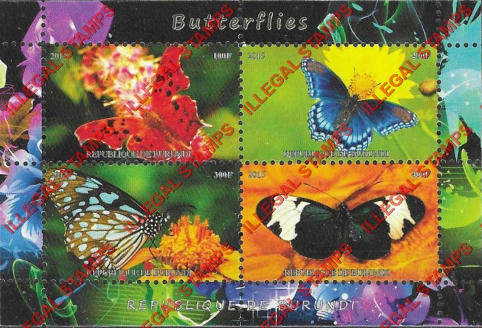 Burundi 2015 Butterflies Counterfeit Illegal Stamp Souvenir Sheet of 4