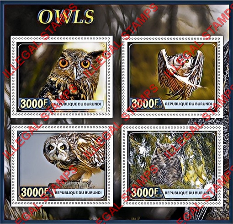 Burundi 2015 Owls Counterfeit Illegal Stamp Souvenir Sheet of 4