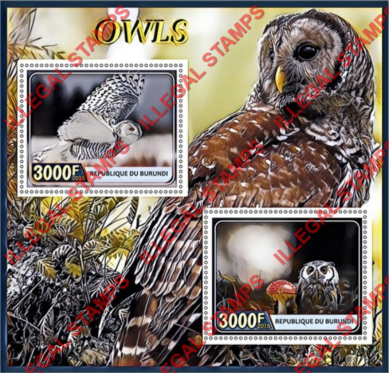 Burundi 2015 Owls Counterfeit Illegal Stamp Souvenir Sheet of 2
