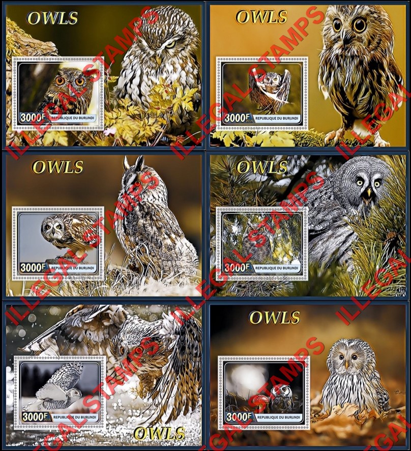 Burundi 2015 Owls Counterfeit Illegal Stamp Souvenir Sheets of 1