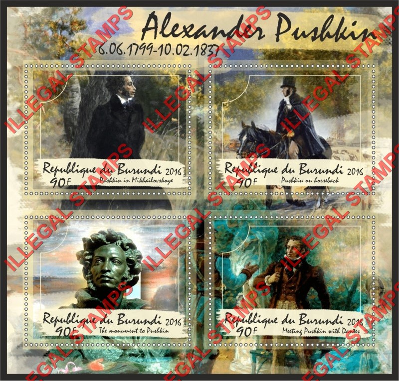 Burundi 2016 Alexander Pushkin Counterfeit Illegal Stamp Souvenir Sheet of 4
