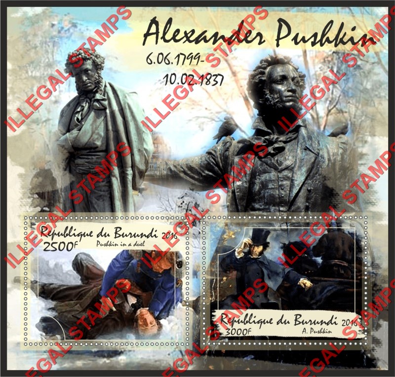 Burundi 2016 Alexander Pushkin Counterfeit Illegal Stamp Souvenir Sheet of 2