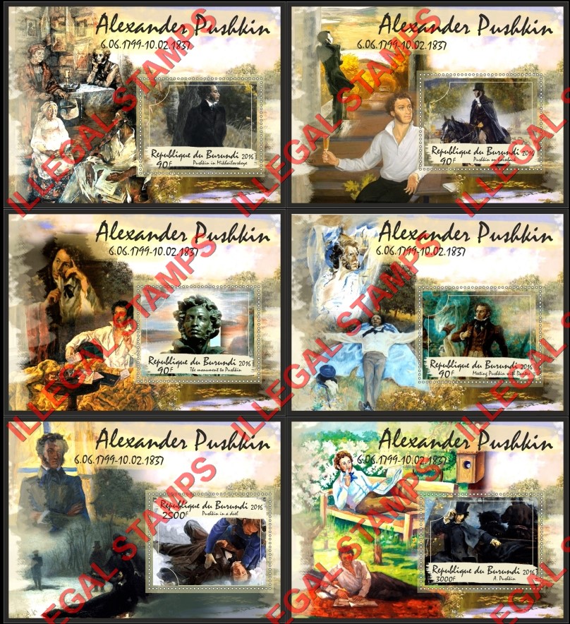 Burundi 2016 Alexander Pushkin Counterfeit Illegal Stamp Souvenir Sheets of 1