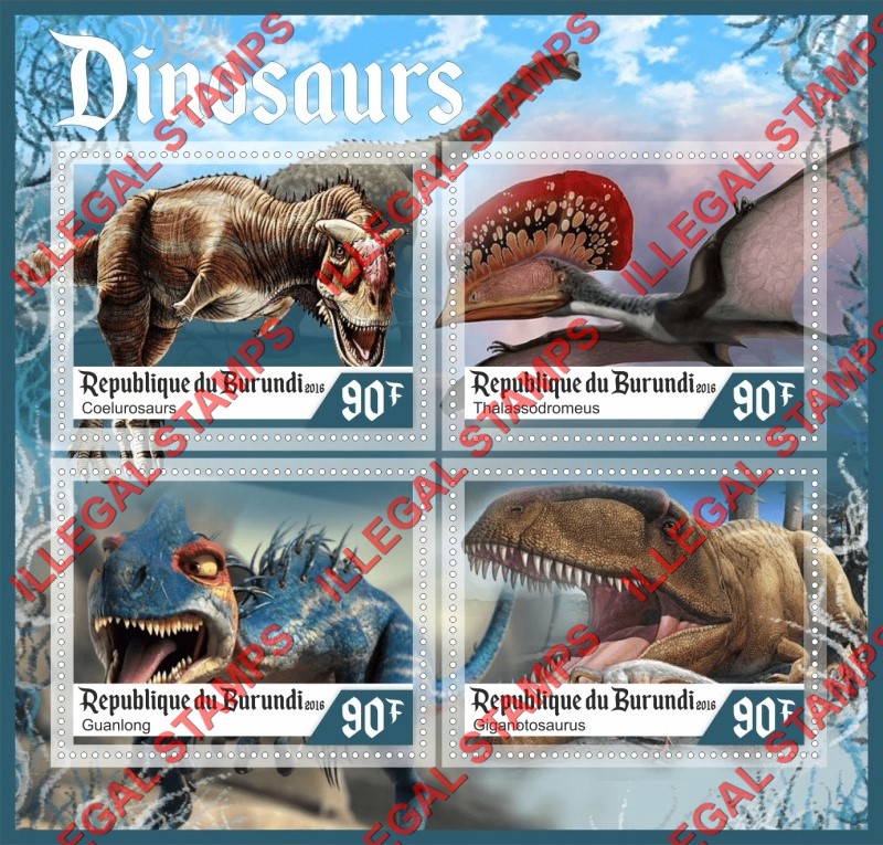 Burundi 2016 Dinosaurs Counterfeit Illegal Stamp Souvenir Sheet of 4