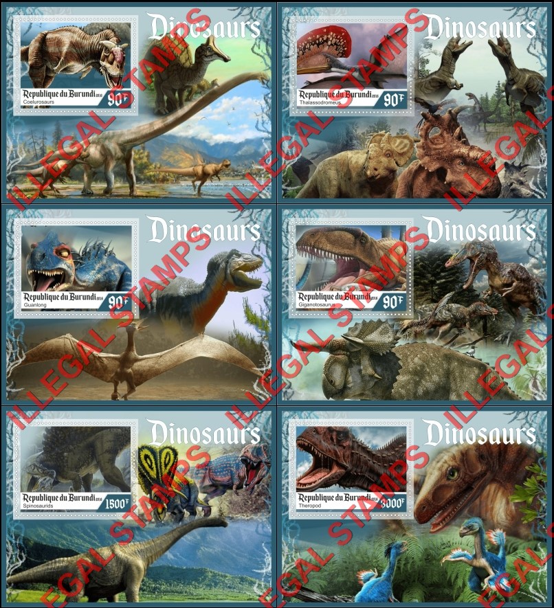 Burundi 2016 Dinosaurs Counterfeit Illegal Stamp Souvenir Sheets of 1