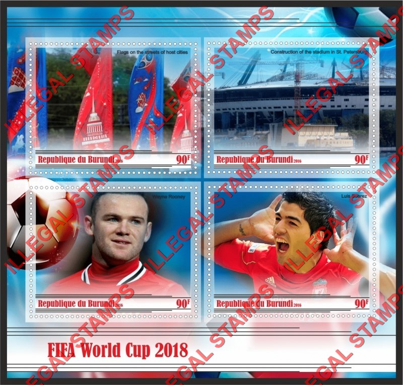 Burundi 2016 FIFA World Cup Soccer in 2018 (different) Counterfeit Illegal Stamp Souvenir Sheet of 4