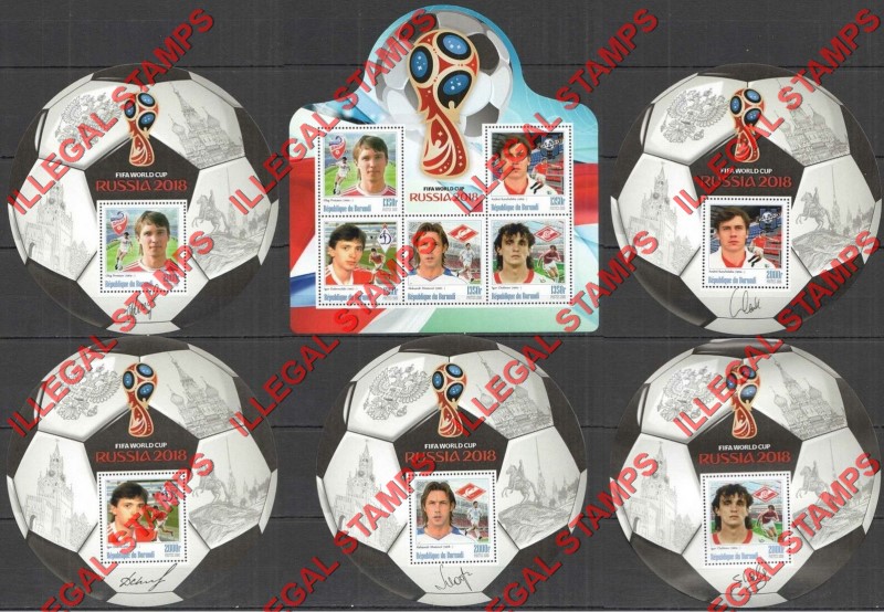 Burundi 2016 FIFA World Cup Soccer in 2018 Counterfeit Illegal Stamp Souvenir Sheets Set of 5 and 1 (Set 9)