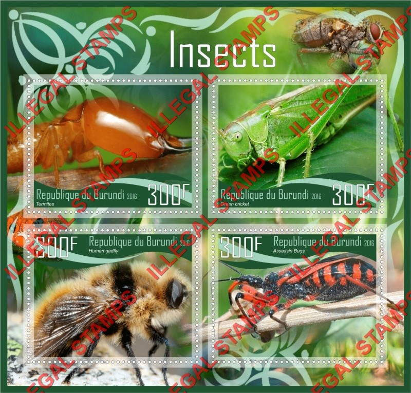 Burundi 2016 Insects Counterfeit Illegal Stamp Souvenir Sheet of 4