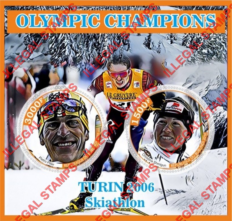 Burundi 2016 Olympic Games in Turin in 2006 Skiathlon Champions Counterfeit Illegal Stamp Souvenir Sheet of 2