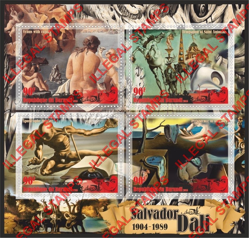 Burundi 2016 Paintings by Salvador Dali Counterfeit Illegal Stamp Souvenir Sheet of 4