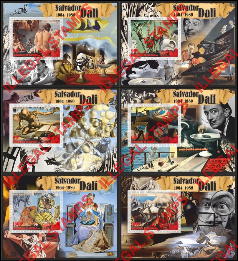 Burundi 2016 Paintings by Salvador Dali Counterfeit Illegal Stamp Souvenir Sheets of 1