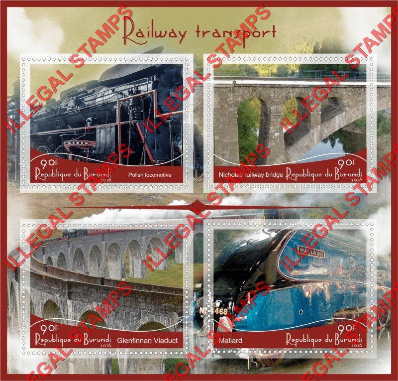 Burundi 2016 Railway Transport Locomotives Counterfeit Illegal Stamp Souvenir Sheet of 4
