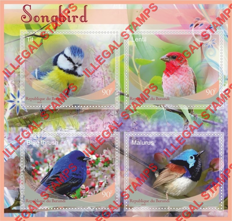 Burundi 2016 Songbirds Counterfeit Illegal Stamp Souvenir Sheet of 4