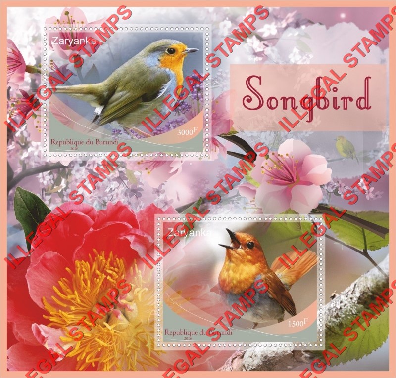 Burundi 2016 Songbirds Counterfeit Illegal Stamp Souvenir Sheet of 2
