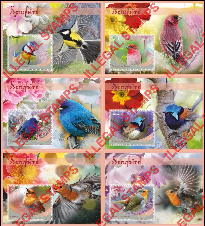 Burundi 2016 Songbirds Counterfeit Illegal Stamp Souvenir Sheets of 1