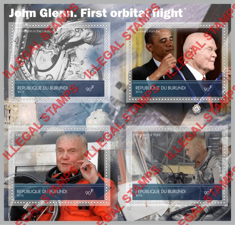 Burundi 2016 Space John Glenn First Orbital Flight Counterfeit Illegal Stamp Souvenir Sheet of 4