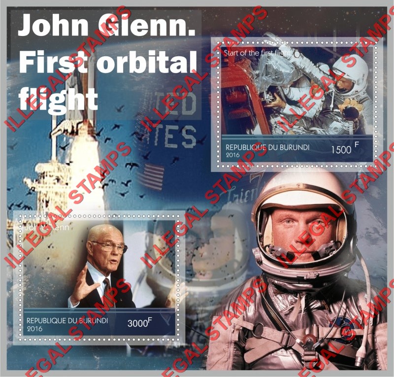 Burundi 2016 Space John Glenn First Orbital Flight Counterfeit Illegal Stamp Souvenir Sheet of 2