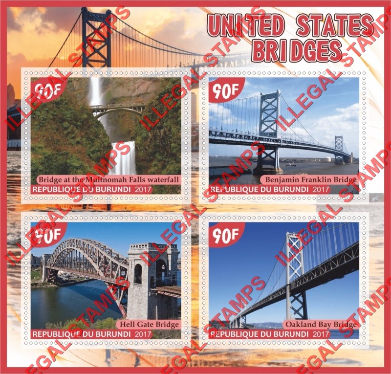 Burundi 2017 Bridges in the United States Counterfeit Illegal Stamp Souvenir Sheet of 4