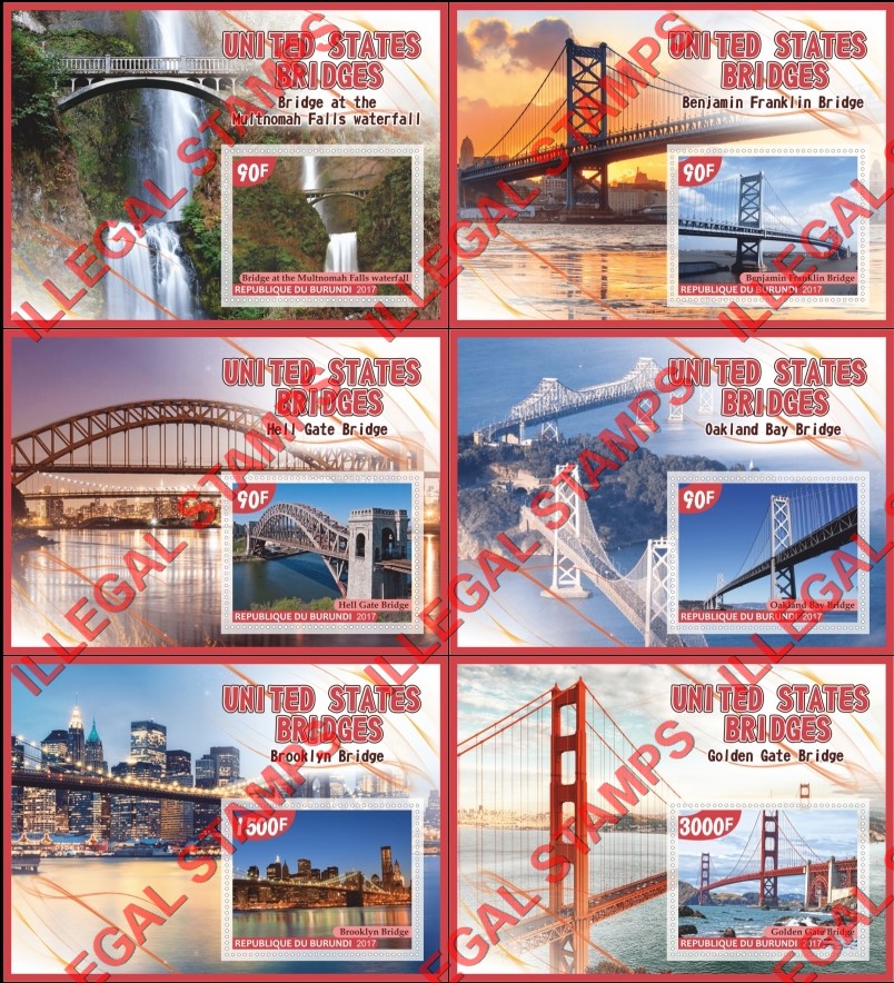 Burundi 2017 Bridges in the United States Counterfeit Illegal Stamp Souvenir Sheets of 1