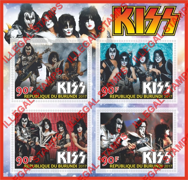 Burundi 2017 KISS Rock band Counterfeit Illegal Stamp Souvenir Sheet of 4