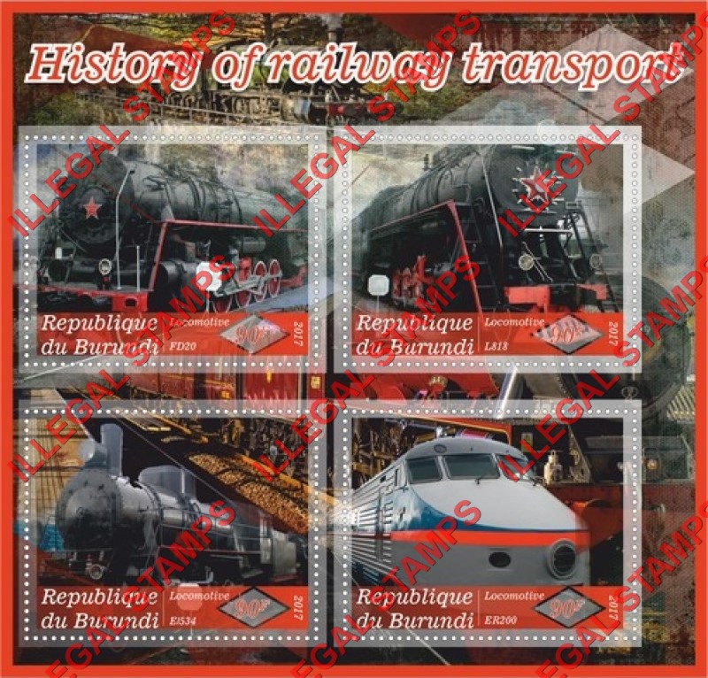 Burundi 2017 Locomotives History of Railway Transport Counterfeit Illegal Stamp Souvenir Sheet of 4