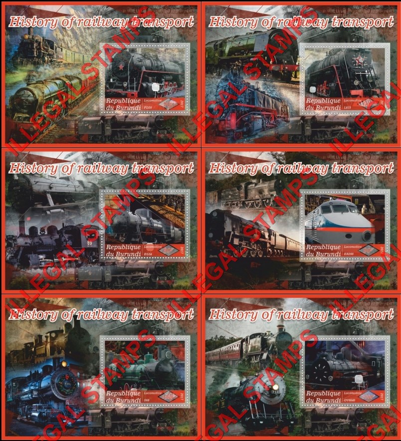 Burundi 2017 Locomotives History of Railway Transport Counterfeit Illegal Stamp Souvenir Sheets of 1