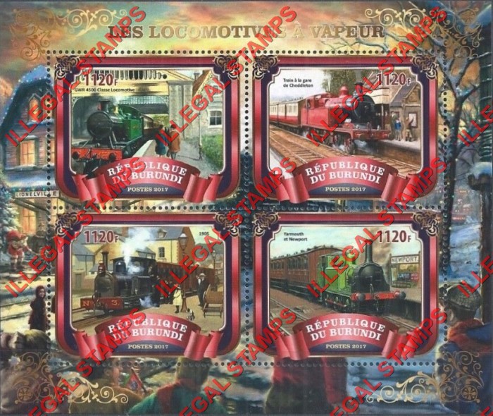 Burundi 2017 Locomotives Counterfeit Illegal Stamp Souvenir Sheet of 4 (Sheet 2)