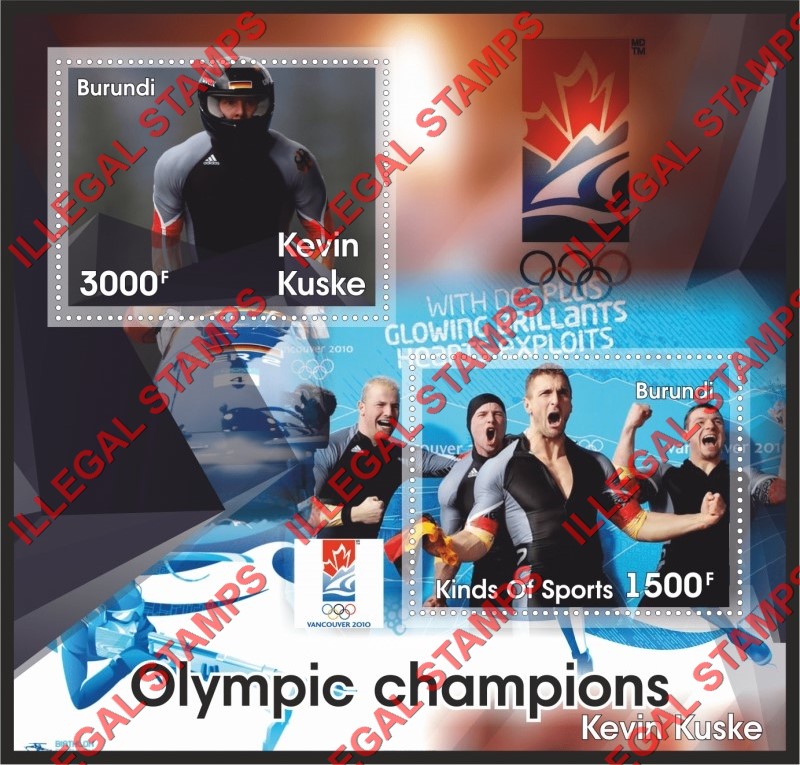 Burundi 2017 Olympic Games in Vancouver in 2010 Champions Kevin Kuske Counterfeit Illegal Stamp Souvenir Sheet of 2