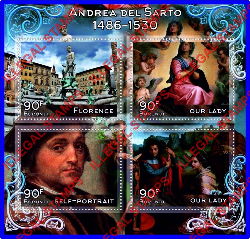 Burundi 2017 Paintings by Andrea Del Sarto Counterfeit Illegal Stamp Souvenir Sheet of 4
