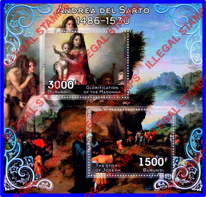 Burundi 2017 Paintings by Andrea Del Sarto Counterfeit Illegal Stamp Souvenir Sheet of 2