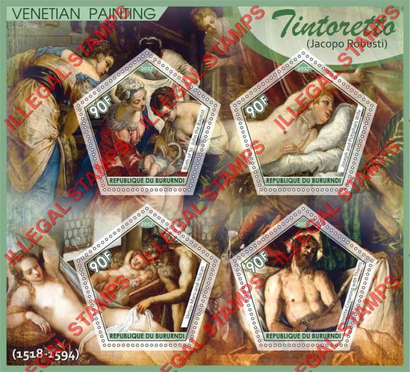 Burundi 2017 Paintings by Jacopo Robusti Tintoretto Counterfeit Illegal Stamp Souvenir Sheet of 4