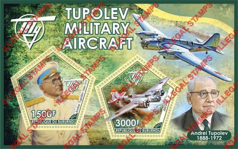 Burundi 2017 Tupolev Military Aircraft Counterfeit Illegal Stamp Souvenir Sheet of 2